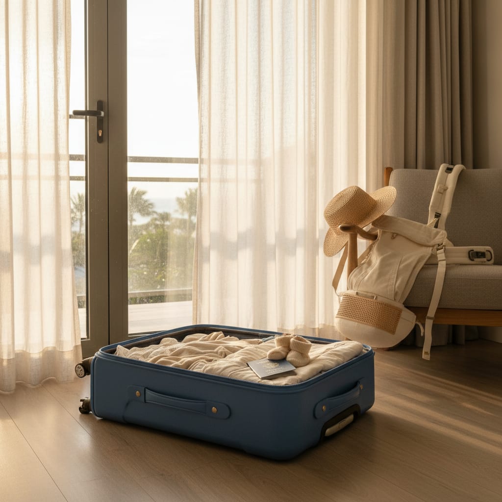 Family travel flat lay: sunhat, kids sandals and a toy plane by the sea